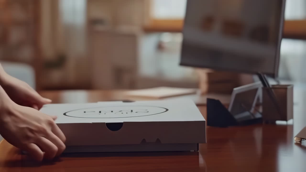 Hands opening an empty white box on a wooden table