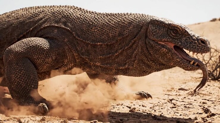 A Majestic Komodo Dragon in Its Natural Habitat: A Close-Up Encounter with One of Nature's Most Impressive Reptiles in the Arid Landscape