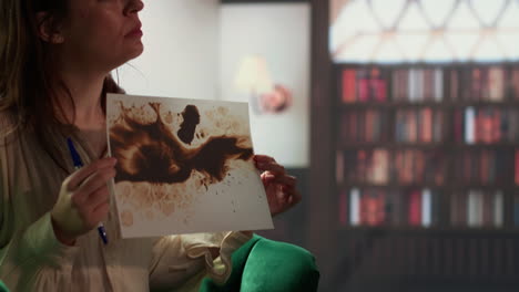 mujer presentando una pintura abstracta con tinta