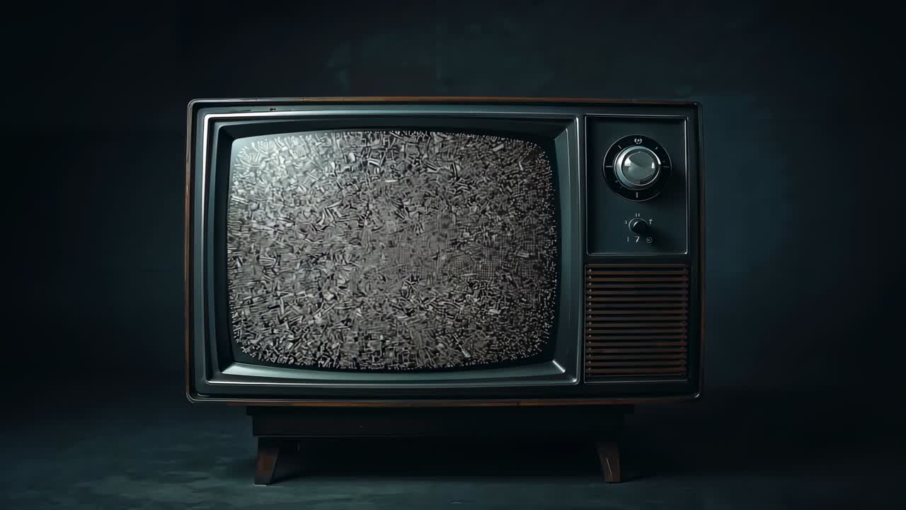 Zoom della telecamera verso un televisore vintage su un tavolo scuro, che rivela un motivo di rumore statico