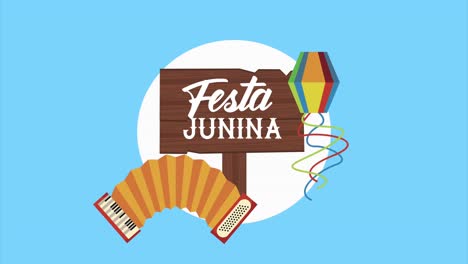 animación de letras de festa junina con acordeón y cometa