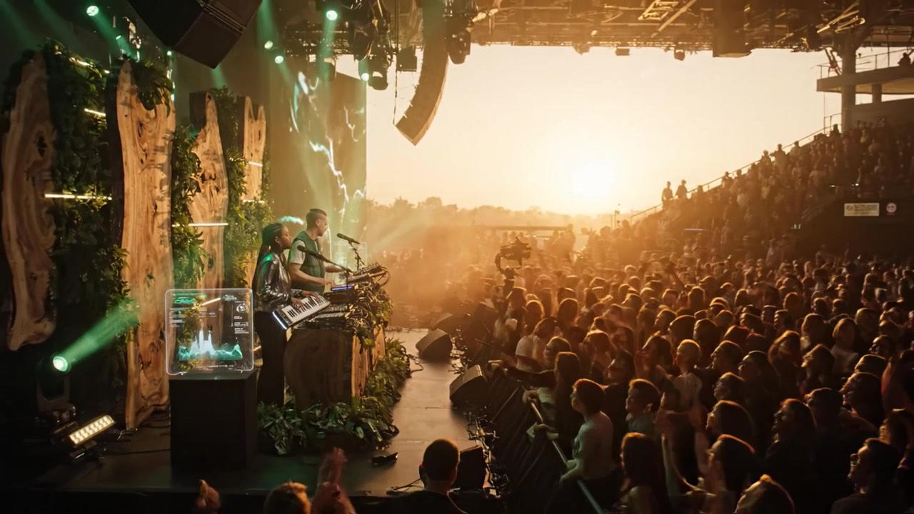 Actuación Dinámica de Música Electrónica al Atardecer con una Audiencia Entregada Disfrutando de una Experiencia de Festival en Vivo Rodeada de Naturaleza y Visuales Impresionantes