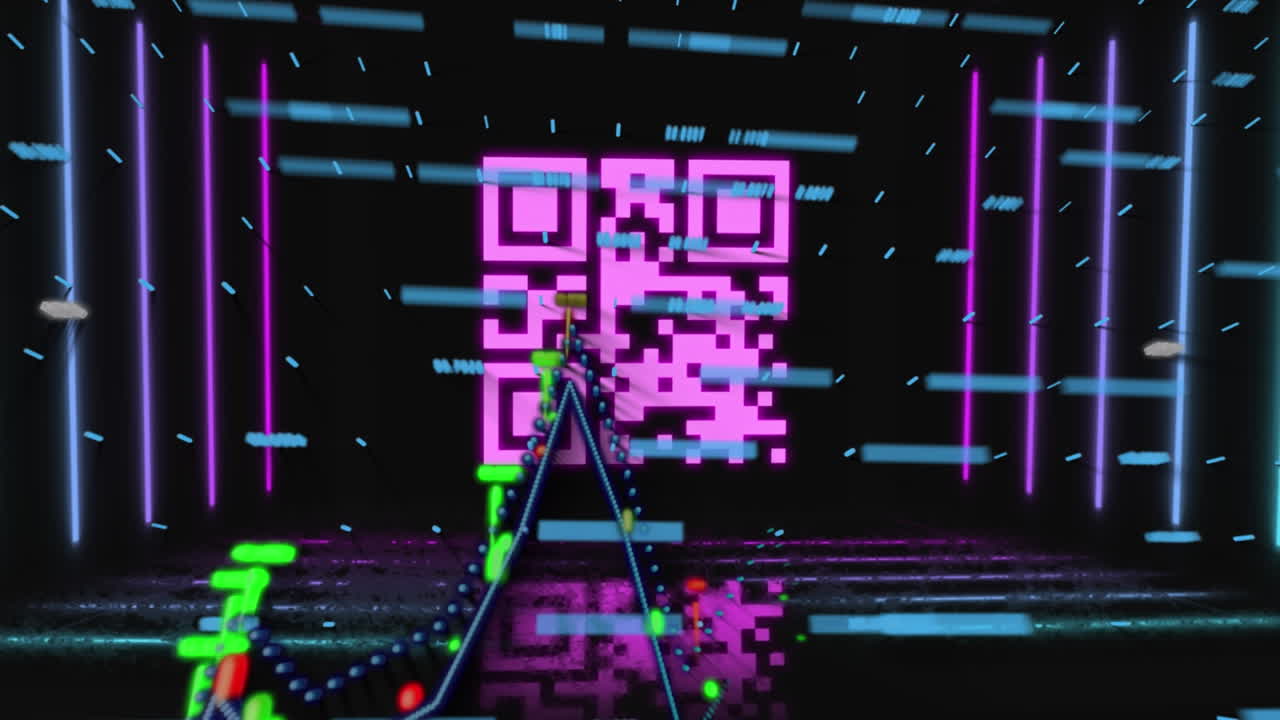 animación del procesamiento de datos financieros a través de un escáner de código qr de color rosa neón contra un fondo negro