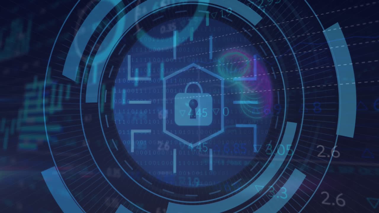 Animation of padlock, moving circles with multiple graphs and trading board over abstract background