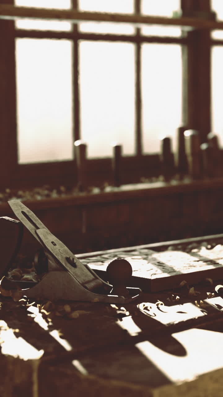 Woodworking tools rest in workshop with large windows during daylight hours