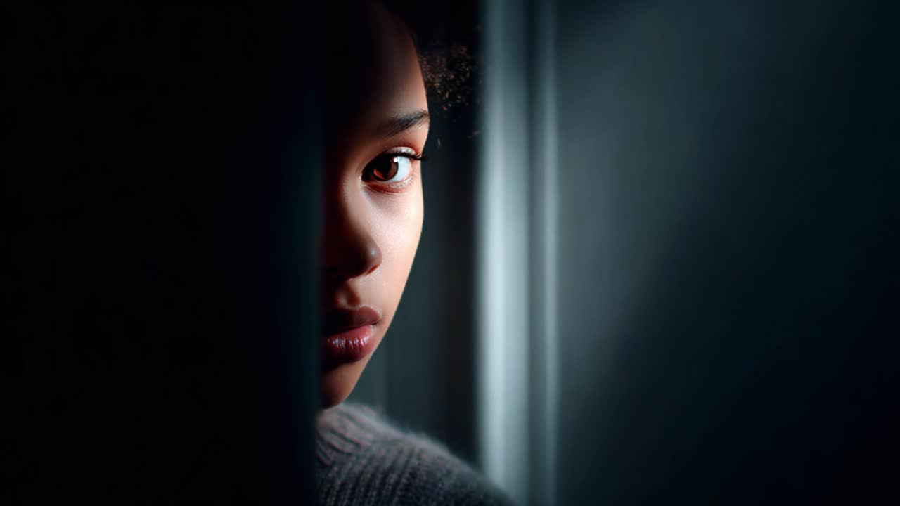 A Captivating Portrait of Contemplation and Mystery: An Individual Peering Through a Doorway, Highlighting Emotion and Depth in a Softly Lit Environment