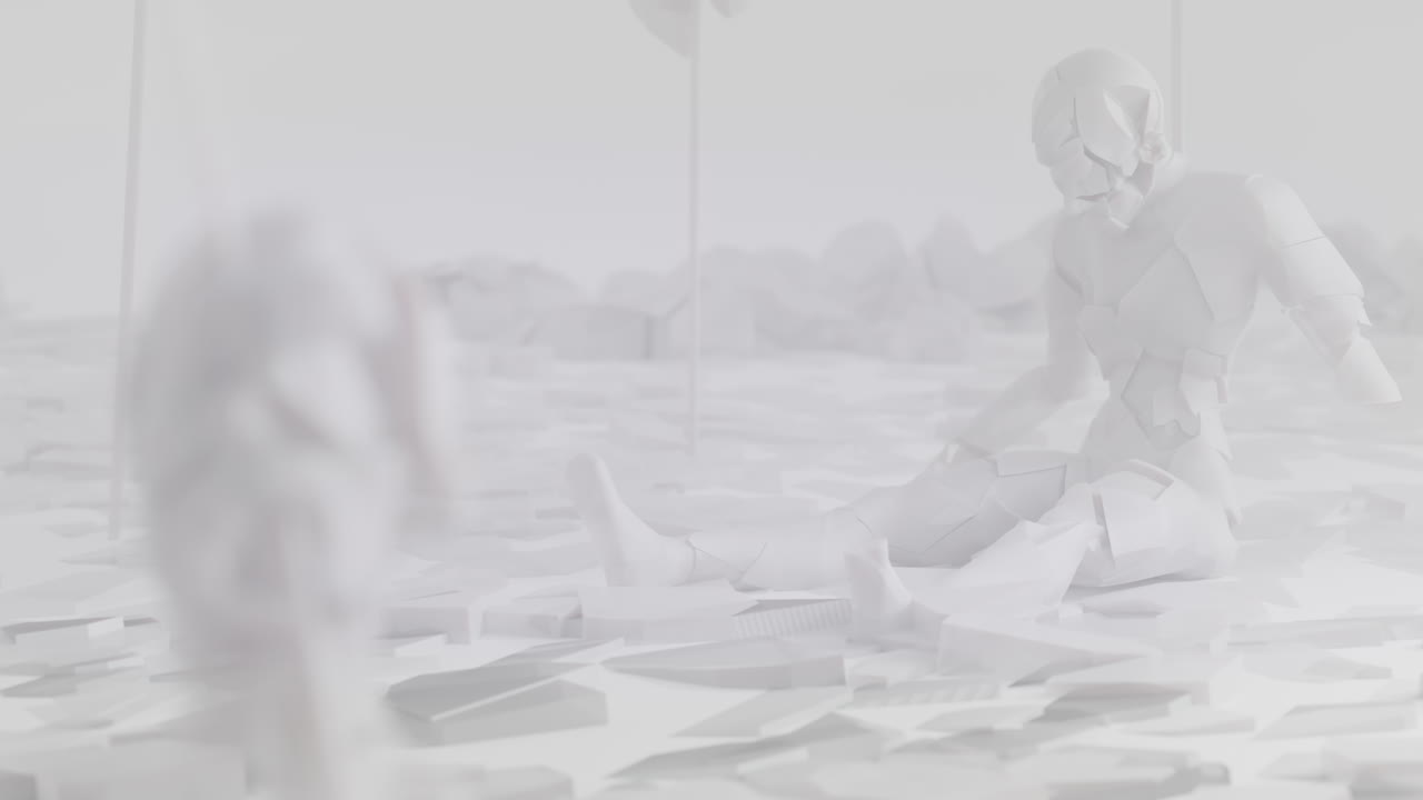 White, crushed android shells on spikes on a foggy junkyard