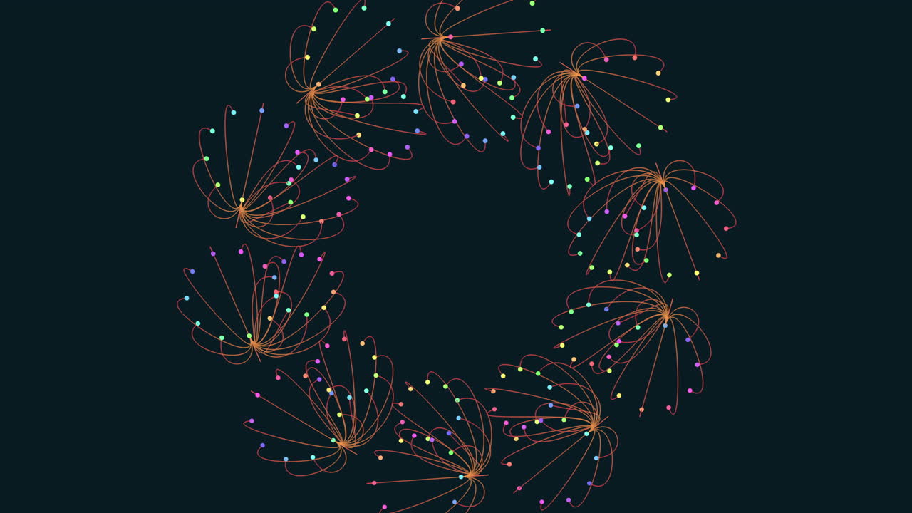 Dynamisk abstrakt animation af farverigt partikelfyrværkeri, der danner et cirkulært mønster på en mørk baggrund, ideel som en festlig baggrund til fejringer, begivenheder, fester og kreative videoprojekter