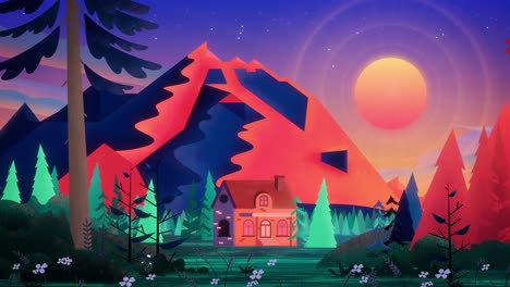 a beautiful brick house with brown ceramic tiles in a psychedelic red-blue coniferous forest. the bright sun behind a huge mountain in the evening sky illuminates the fabulous landscape.