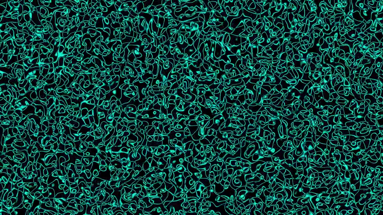 High density cyan liquid lines morphing continuously in complex maze-like pattern, seamless loop background