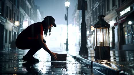 a solitary figure interacts with a mysterious box under a street lamp on a rain-soaked city street, capturing the essence of a foggy, atmospheric night
