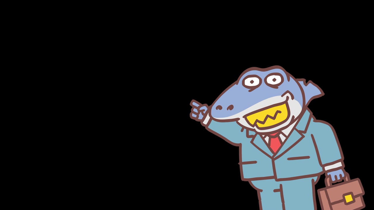 Boss haj vises på skærmen, holder kuffert og peger. Billed-for-billed animation. Alfa-kanal