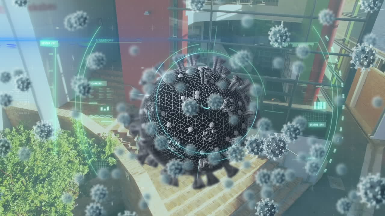 원 스캐닝의 애니메이션과 학교에 퍼지는 코로나바이러스 코로나19 세포