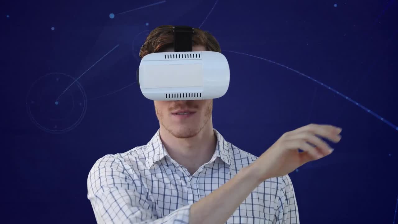 animazione di un uomo d'affari con cuffie vr e reti di connessioni su sfondo blu