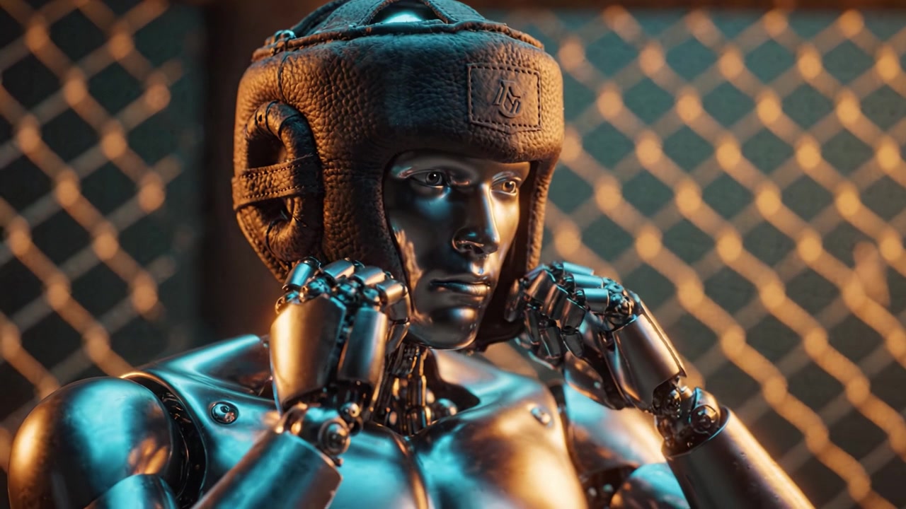 A Futuristic Robot with a Unique Leather Helmet, Showcasing Advanced Technology and Design in a Stylish Setting with an Intricate Background Pattern.