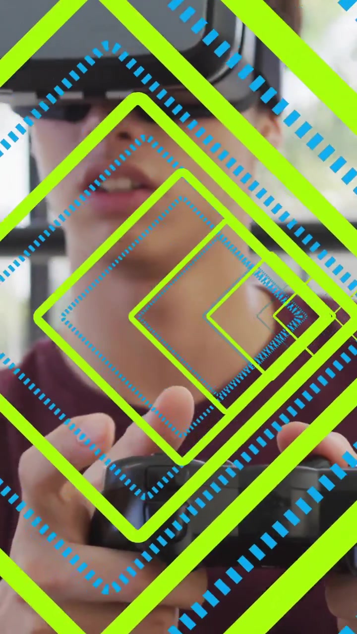 Using virtual reality headset, person experiencing geometric animation overlay in room