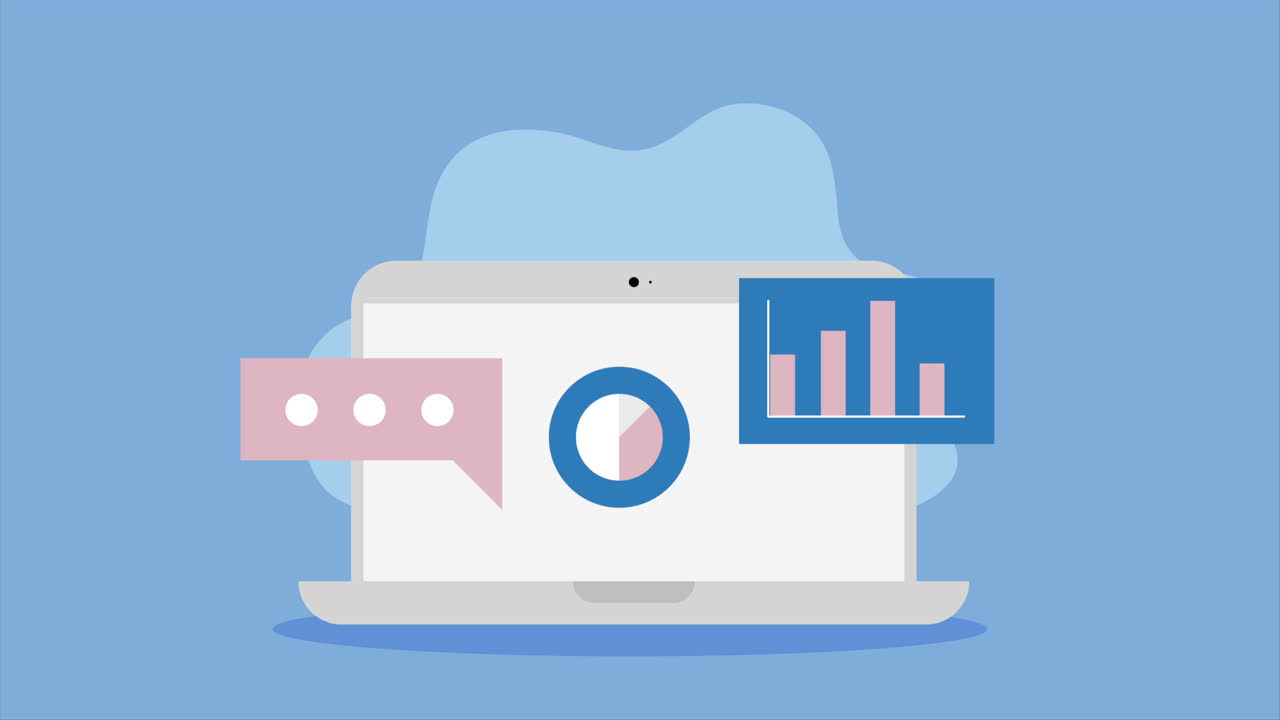 portátil con íconos de análisis de datos y comunicación