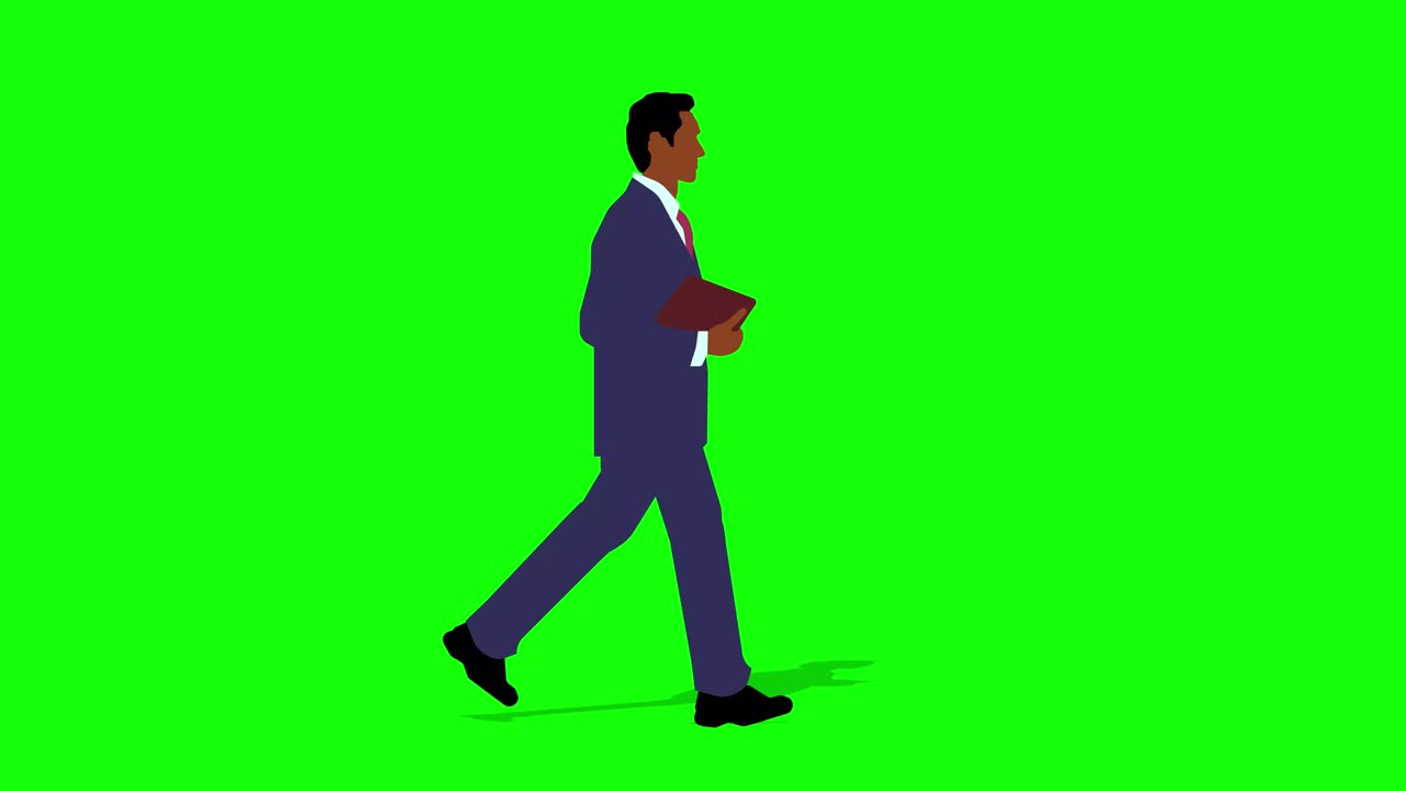 걸어가는 검은 사업가 만화 애니메이션 루프 애니메이션 (4k 비디오) 초록색 배경은 배경 투명한 사용.
