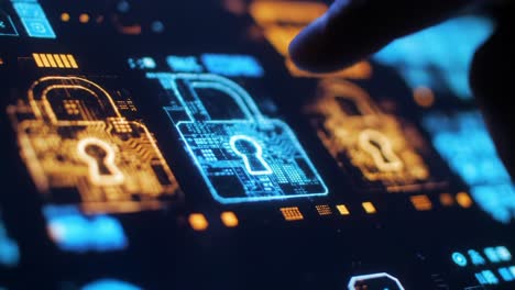 exploring advanced security interfaces: a close-up on digital locks with interactive touch input in a futuristic cyber environment