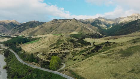 Stunning-aerial-view-of-vast,-mountainous-landscape-in-the-wilderness-of-Lake-Hawea-in-Otago,-South-Island-of-New-Zealand-Aotearoa