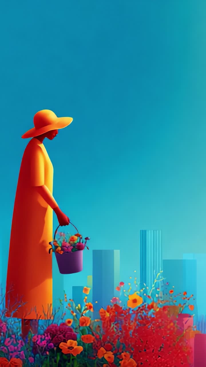 Una figura serena in abiti vivaci tiene in mano un bouquet di fiori in un paesaggio urbano, a simboleggiare la giustapposizione tra natura e vita urbana in modo visivamente sorprendente