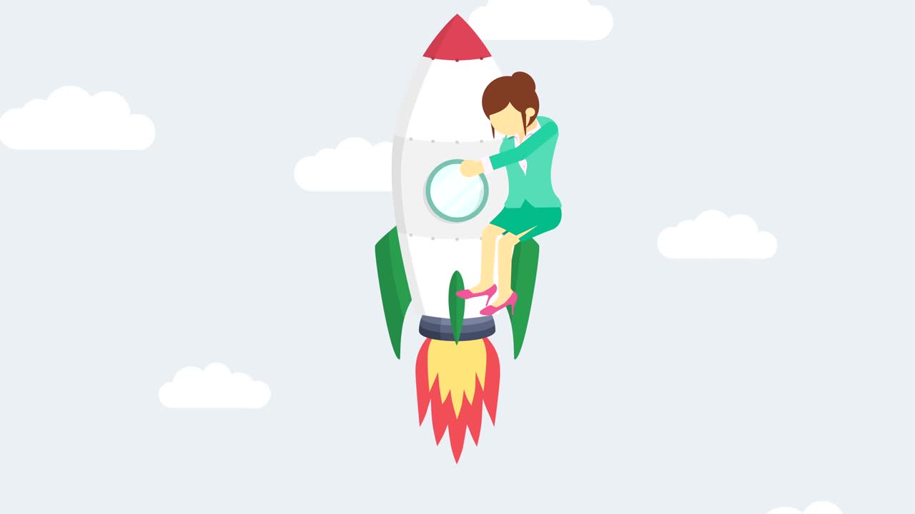 Business woman flying on rocket through cloud sky. Leap concept. Loop illustration in flat style.