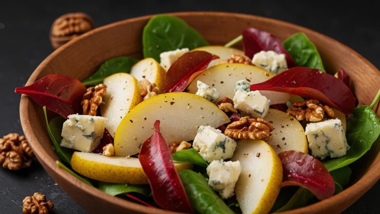 Insalata di pere e formaggio blu con noci