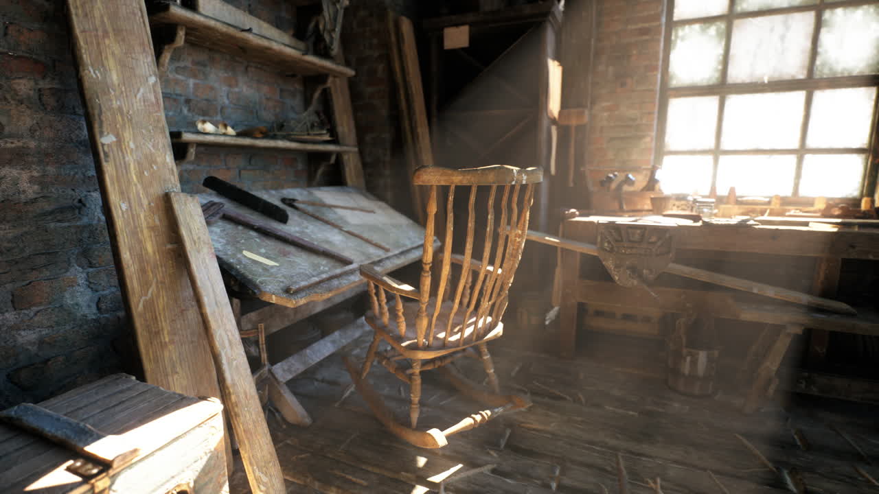 Vintage workshop with sunlit interior and old carpentry tools