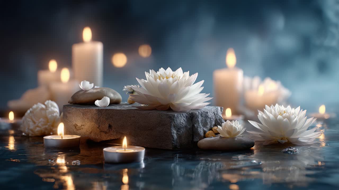 Et fredfyldt arrangement af hvide lotusblomster, glatte sten og glødende stearinlys, der skaber en rolig atmosfære perfekt til afslapning og meditation.