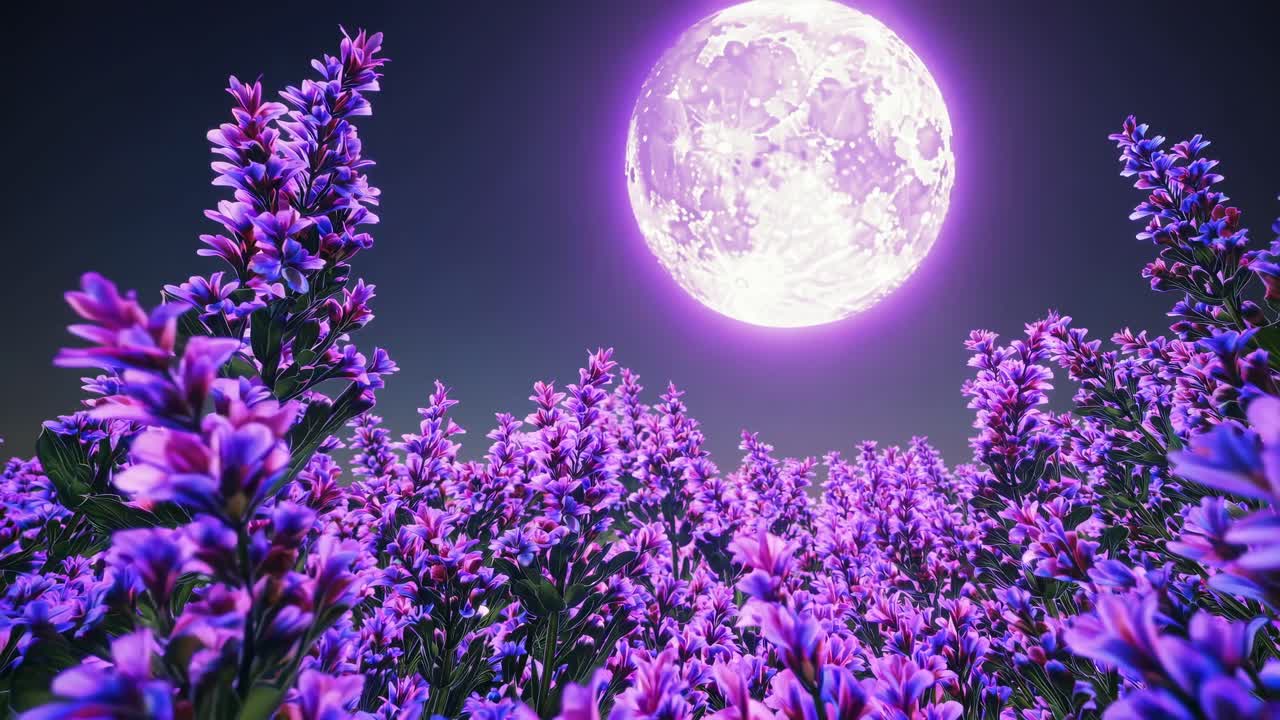 Low-angle video frame of a vibrant purple flower field under a glowing full moon, creating a surreal