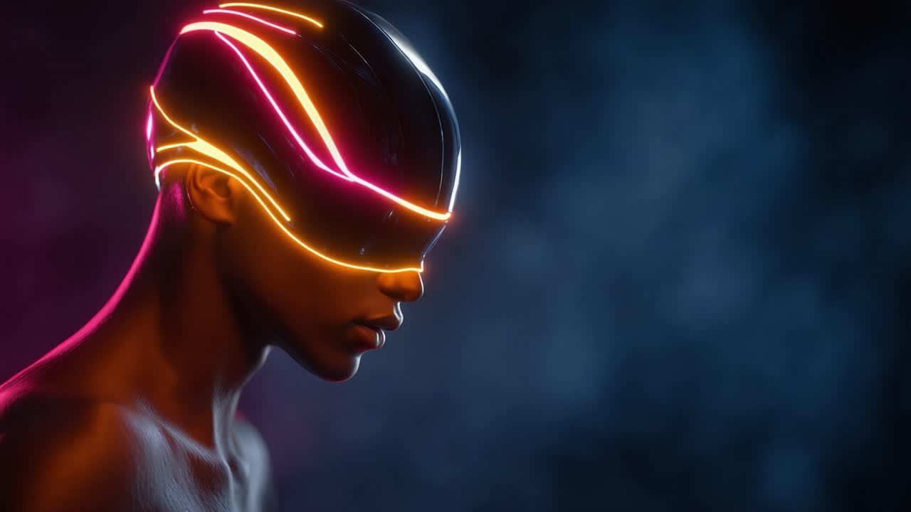 Futuristic Portrait of a Cybernetic Figure with Neon Lights and Glossy Finish, Showcasing Advanced Technology in a Dark, Atmospheric Background