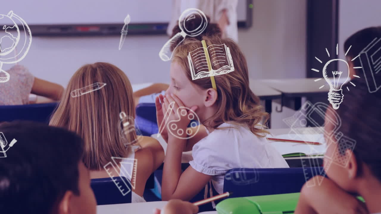 animación de iconos escolares sobre diversos escolares