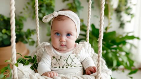 a baby sitting on a swing in a room