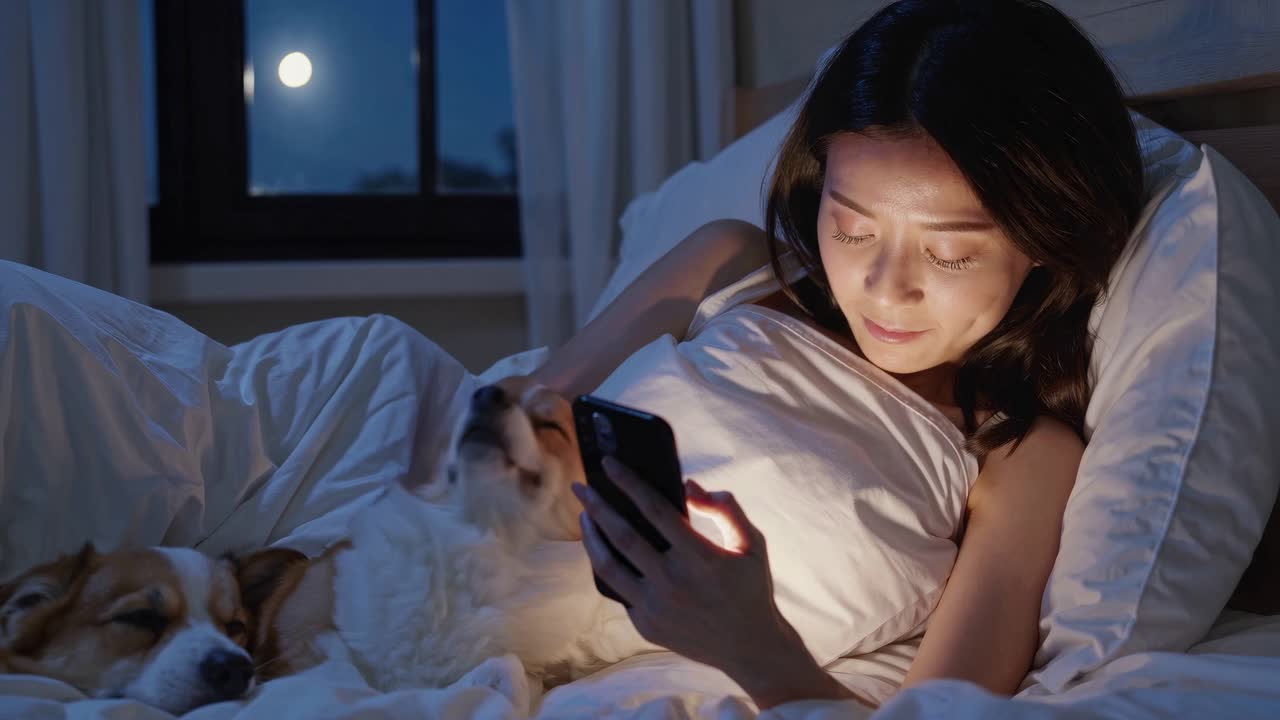 Woman relaxing in bed with dogs at night using a mobile phone