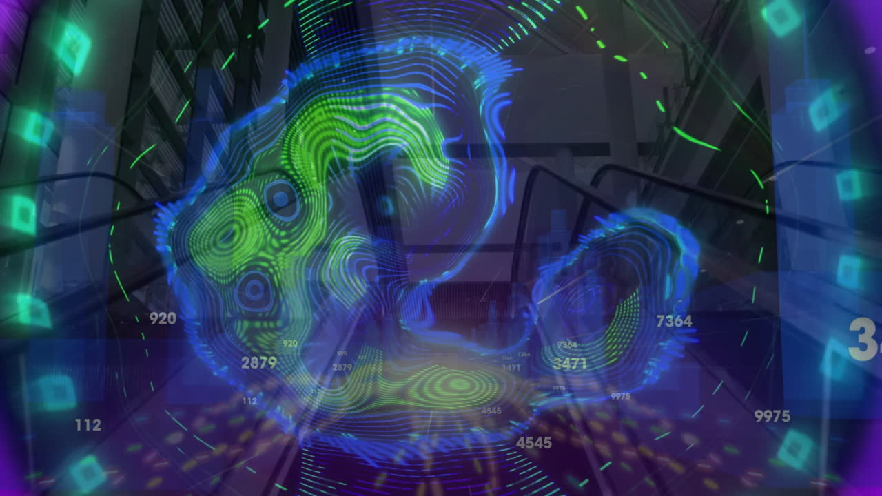 Animation of colorful digital data visualization patterns over urban background