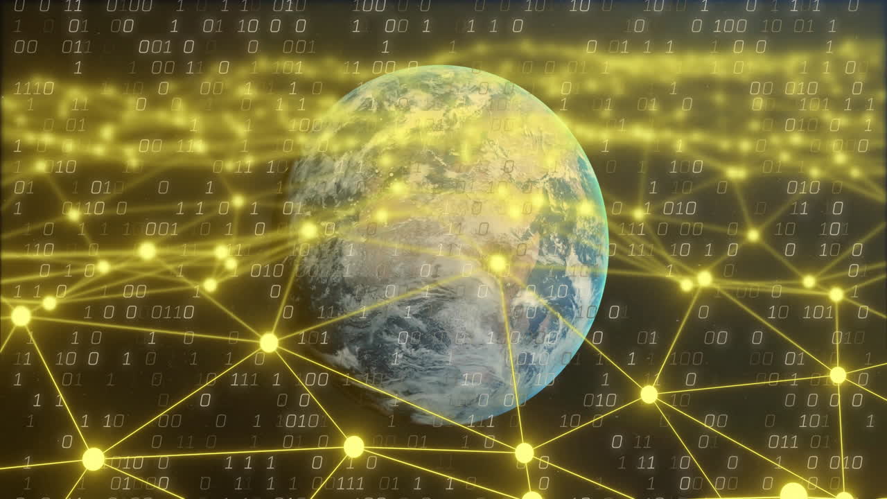 Earth surrounded by binary code and glowing network connections animation