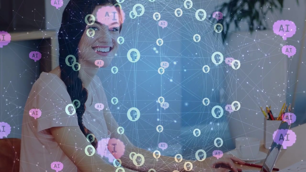Woman typing on laptop, starting AI nodes overlaying desk, pulling back revealing smile working