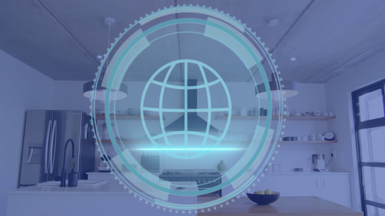 Scudo ciano che si ritira rivelando un HUD cyber circolare sopra una cucina che scansiona il globo e mostra la sicurezza.