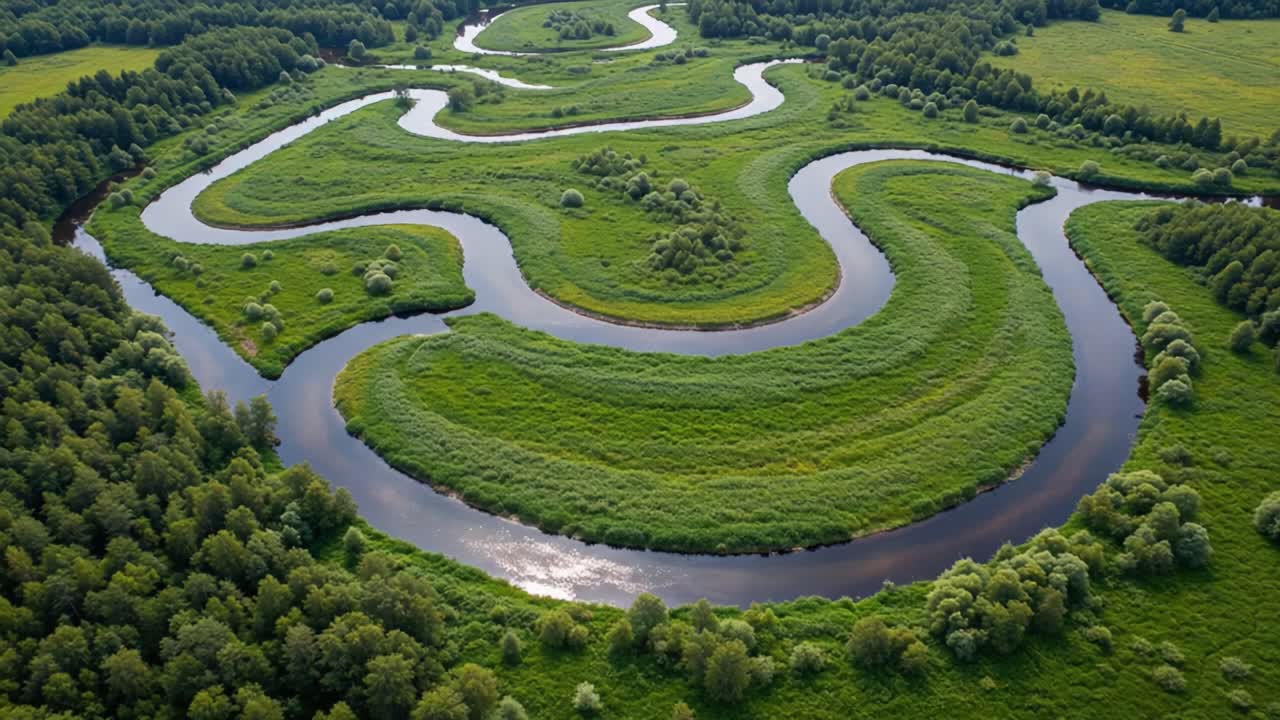 Aerial View of Serpentine River Meandering Through Lush Green Landscape Showcasing Nature's Beauty and Tranquility in a Scenic Wilderness Environment