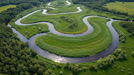 aerial view of serpentine river meandering through lush green landscape showcasing nature's beauty and tranquility in a scenic wilderness environment