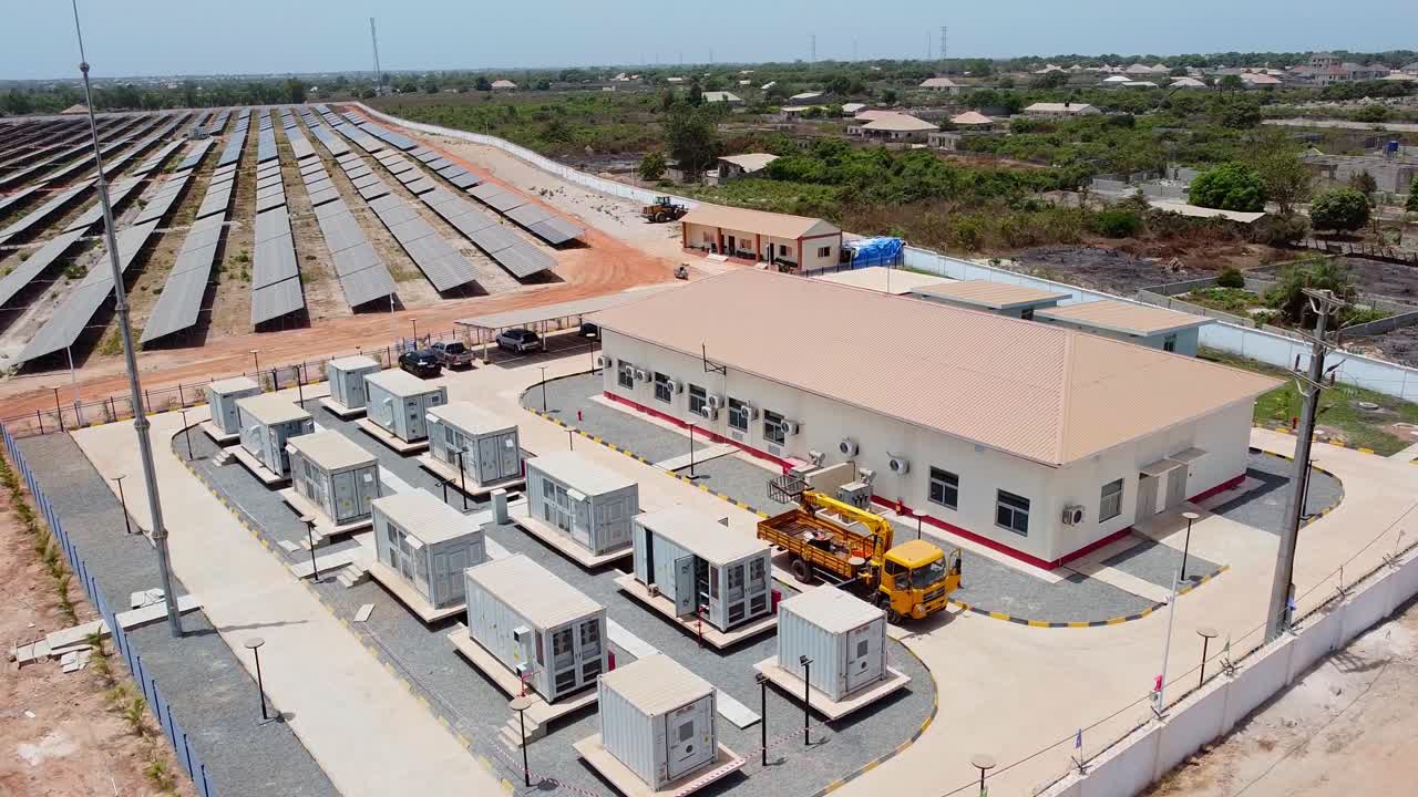 Aerial view of Lithium-ion phosphate Battery Energy Storage System at electrical power utility solar farm