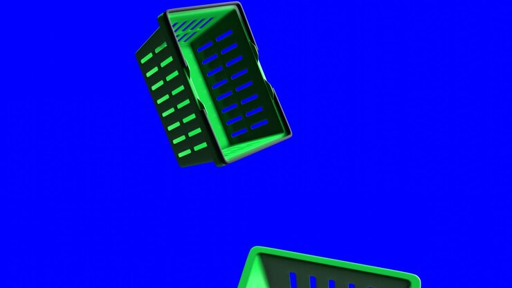 Green plastic shopping baskets on blue chroma key background.