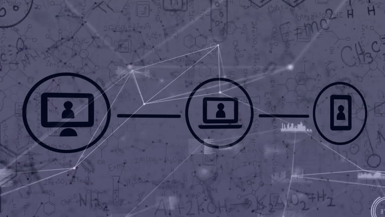 анимация сети соединений с изменяющимися иконами и числами