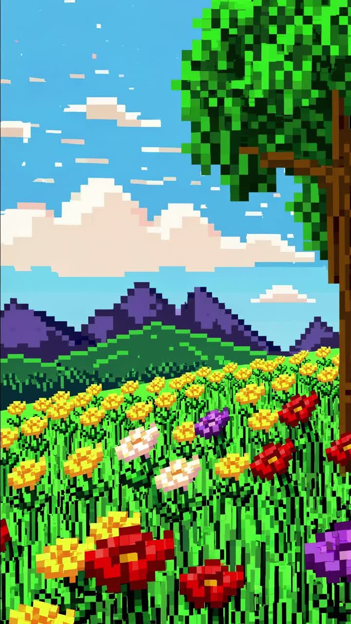 Video in stile paesaggio pixel art con una visuale dal basso di un vivace campo di fiori, montagne