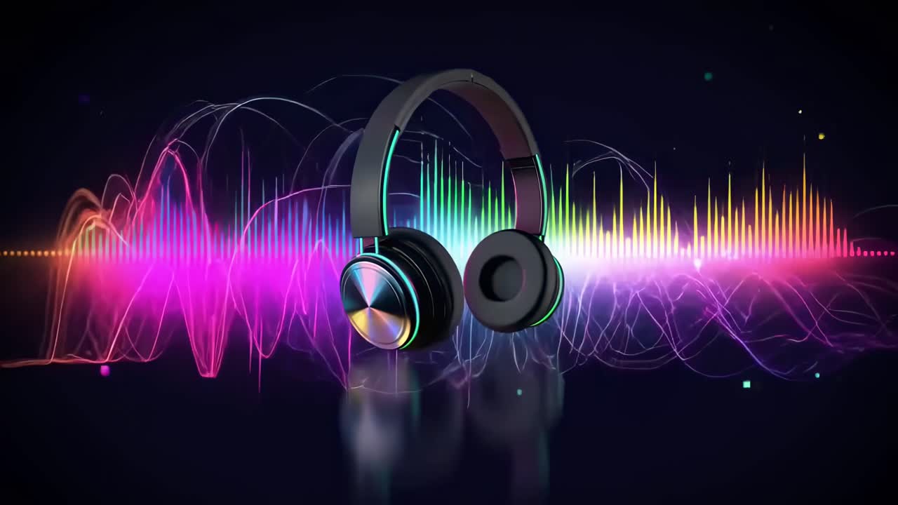 Dynamic video concept with headphones and colorful sound waves, captured from a side angle