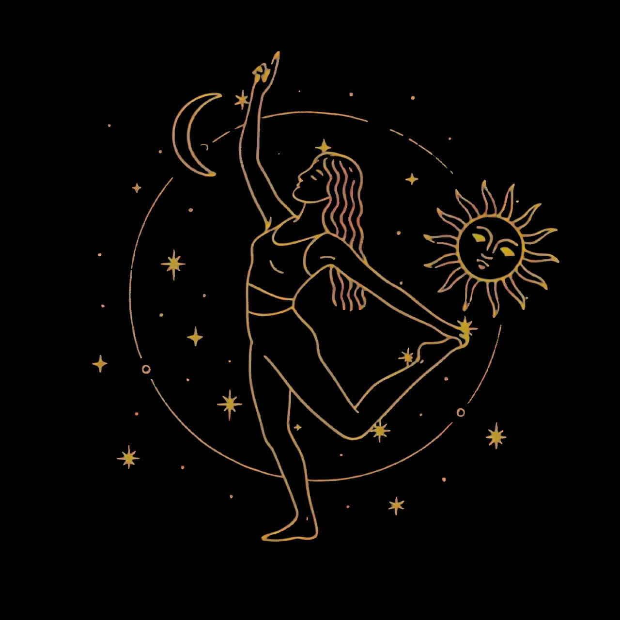 Elegante animazione illustrata di yoga cosmico, risorsa isolata, video 4K trasparente, canale alfa.