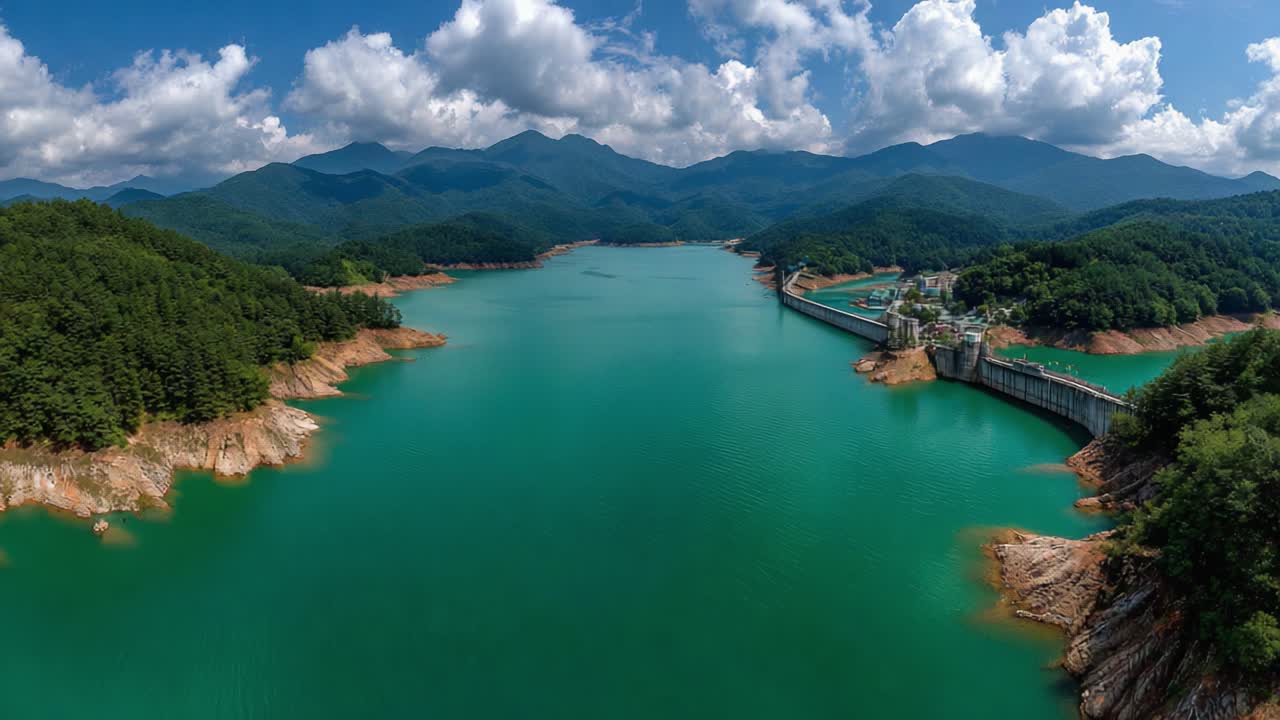 A Stunning Aerial View of a Serene Reservoir Surrounded by Lush Green Mountains and Blue Skies, Capturing Nature's Tranquility and Human Engineering Harmony