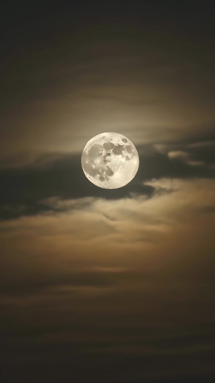 Vídeo vertical: Brisa suave deslocando uma fina camada de nuvens ao redor da lua cheia à noite, criando um halo