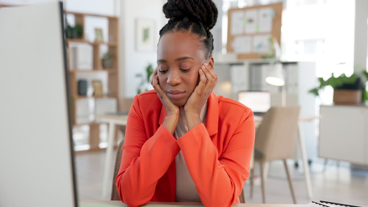 Exhausted African American Woman Experiencing Burnout at Work