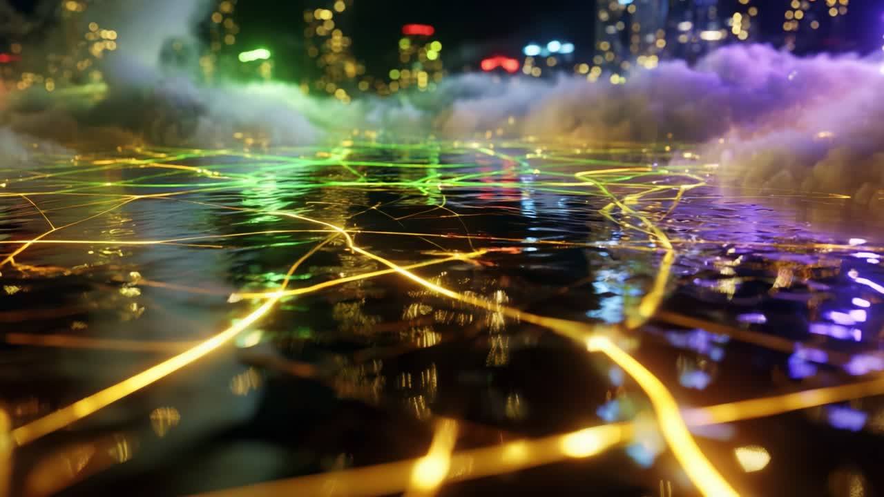 A mesmerizing visual journey through a vibrant urban landscape at night, showcasing radiant reflections on a wet surface in hues of green and gold, intertwined with picturesque clouds and dazzling lights